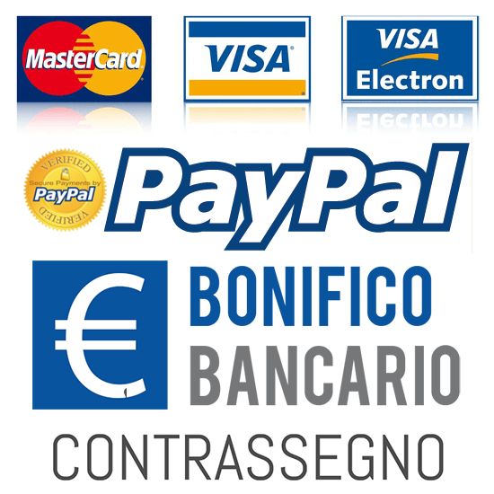 Accettiamo pagamenti con Carta di credito, 
PayPal,  Amazon Pay, Bonifico Bancario, Contrassegno (Solo ITALIA), Ricarica POSTEPAY (Solo ITALIA)